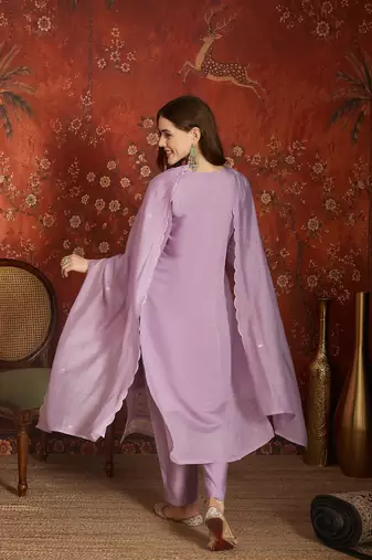Elegant lavender mull chanderi embroidered kurti pant set