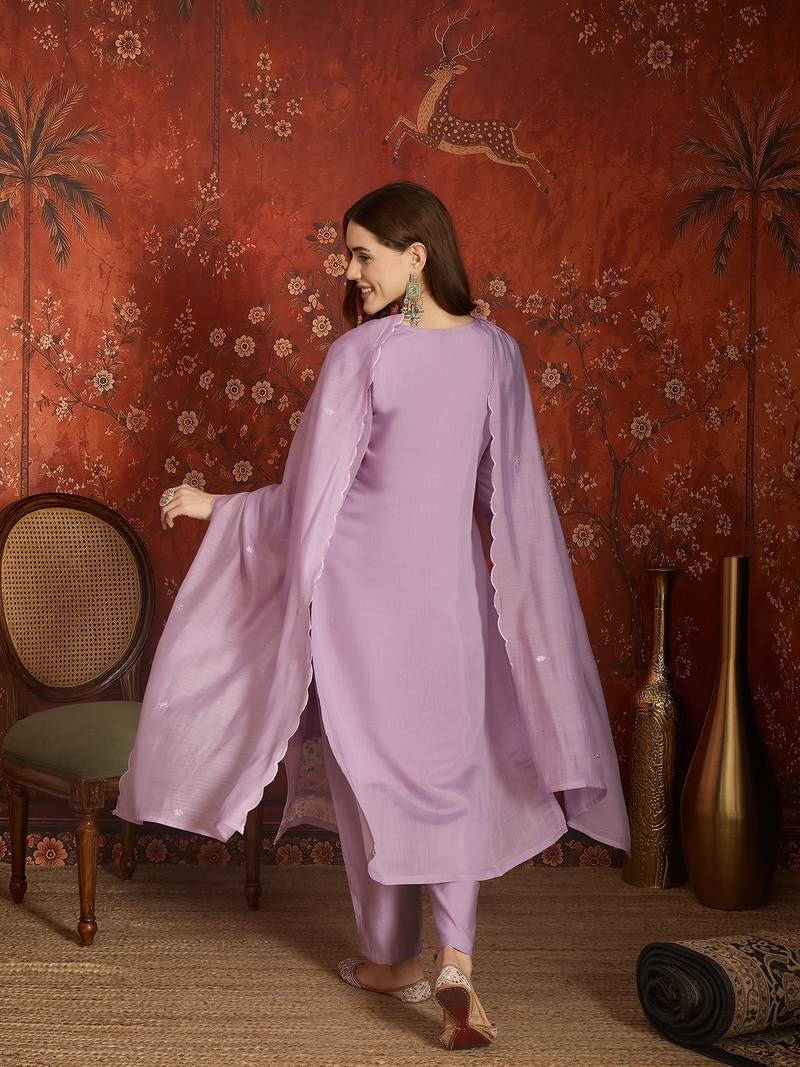 Elegant lavender mull chanderi embroidered kurti pant set