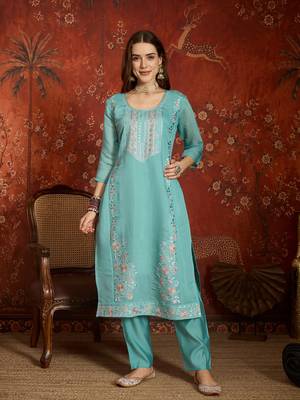  sea green mull chanderi embroidered kurti pant set 5
