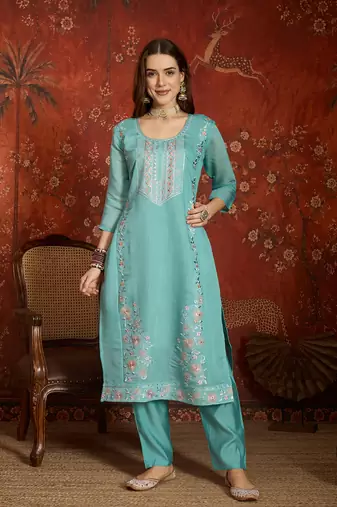  sea green mull chanderi embroidered kurti pant set