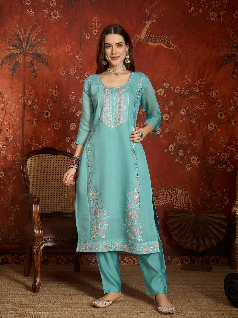  sea green mull chanderi embroidered kurti pant set