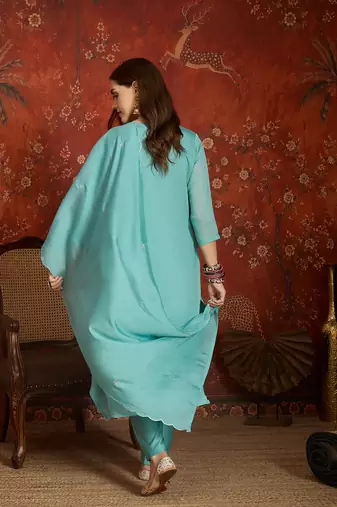  sea green mull chanderi embroidered kurti pant set