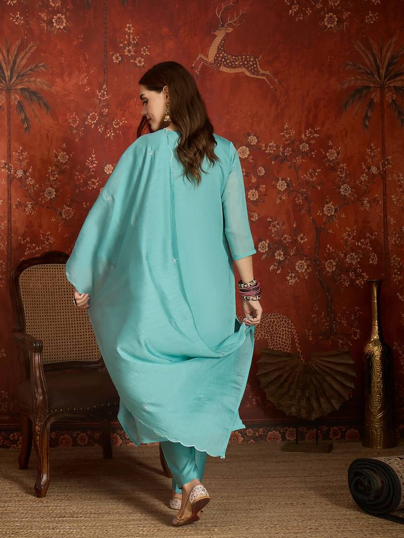  sea green mull chanderi embroidered kurti pant set