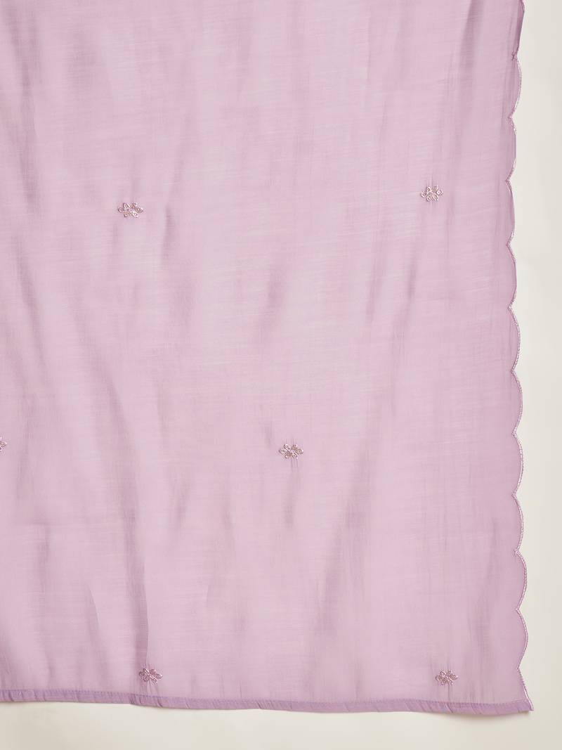 Elegant lavender mull chanderi embroidered kurti pant set