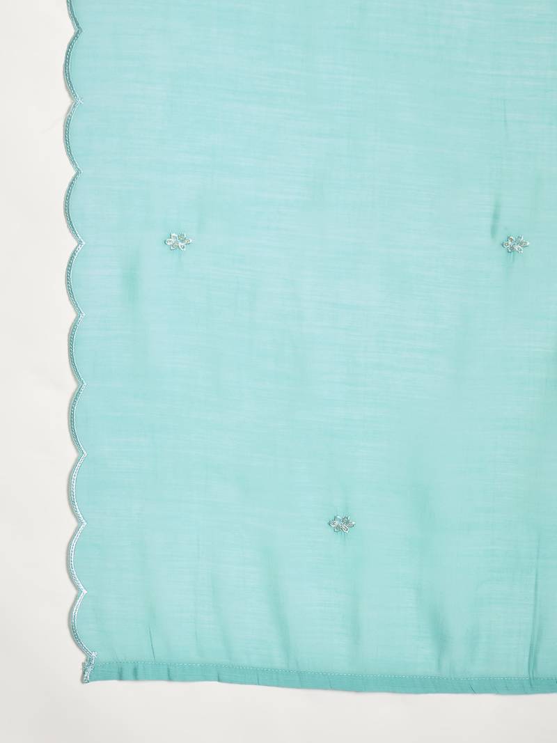  sea green mull chanderi embroidered kurti pant set