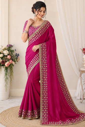 Rani Pink Color Beautiful Sequence embroidery work with lace border Satin Saree