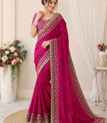 Rani Pink Color Beautiful Sequence embroidery work with lace border Satin Saree