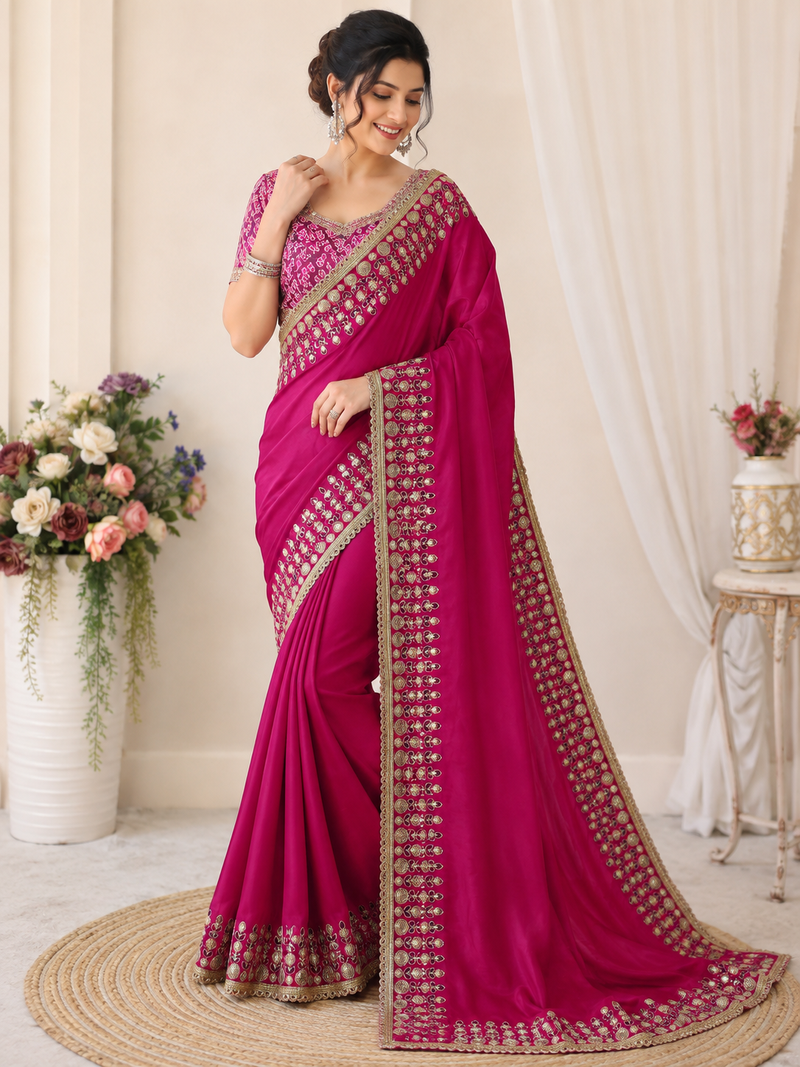 Rani Pink Color Beautiful Sequence embroidery work with lace border Satin Saree