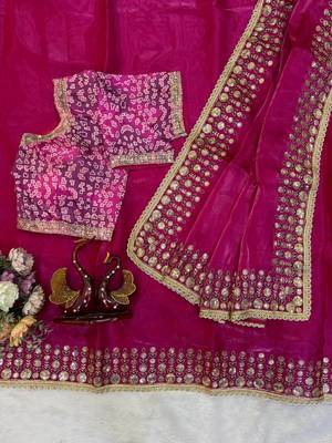 Rani Pink Color Beautiful Sequence embroidery work with lace border Satin Saree 4