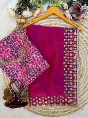 Rani Pink Color Beautiful Sequence embroidery work with lace border Satin Saree 5