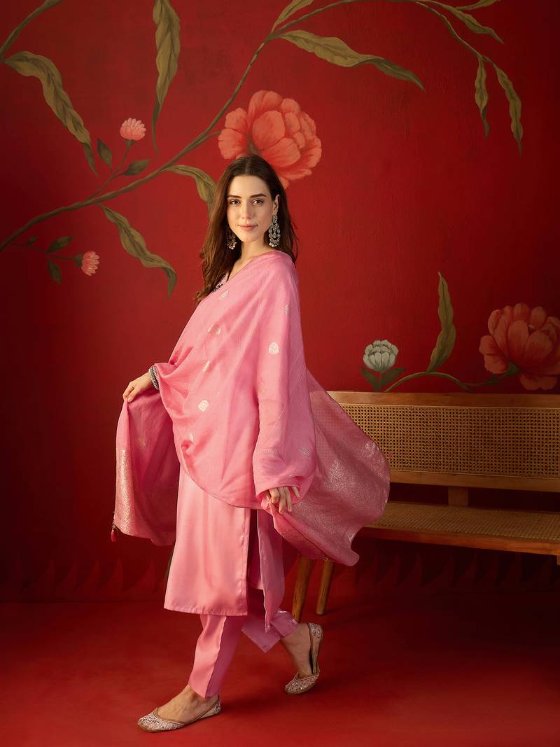 Pink roman glass kurta pant set with heavy sequin jacquard dupatta