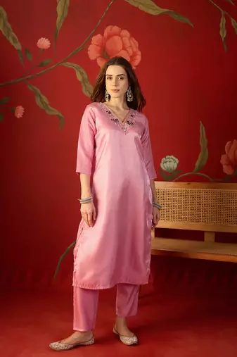 Pink roman glass kurta pant set with heavy sequin jacquard dupatta
