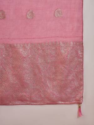 Pink roman glass kurta pant set with heavy sequin jacquard dupatta 8