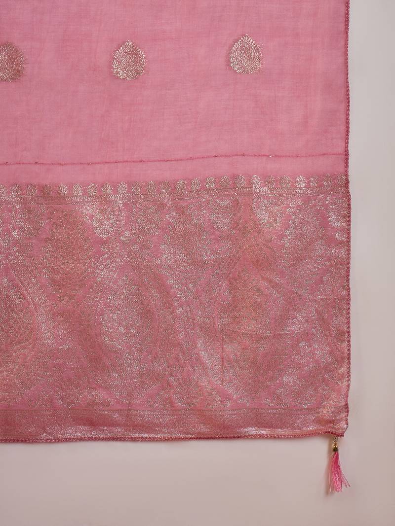 Pink roman glass kurta pant set with heavy sequin jacquard dupatta