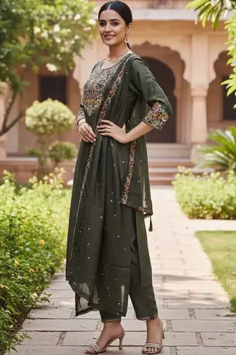 Women ethnic motifs embroidered regular thread work kurta with trousers & with dupatta