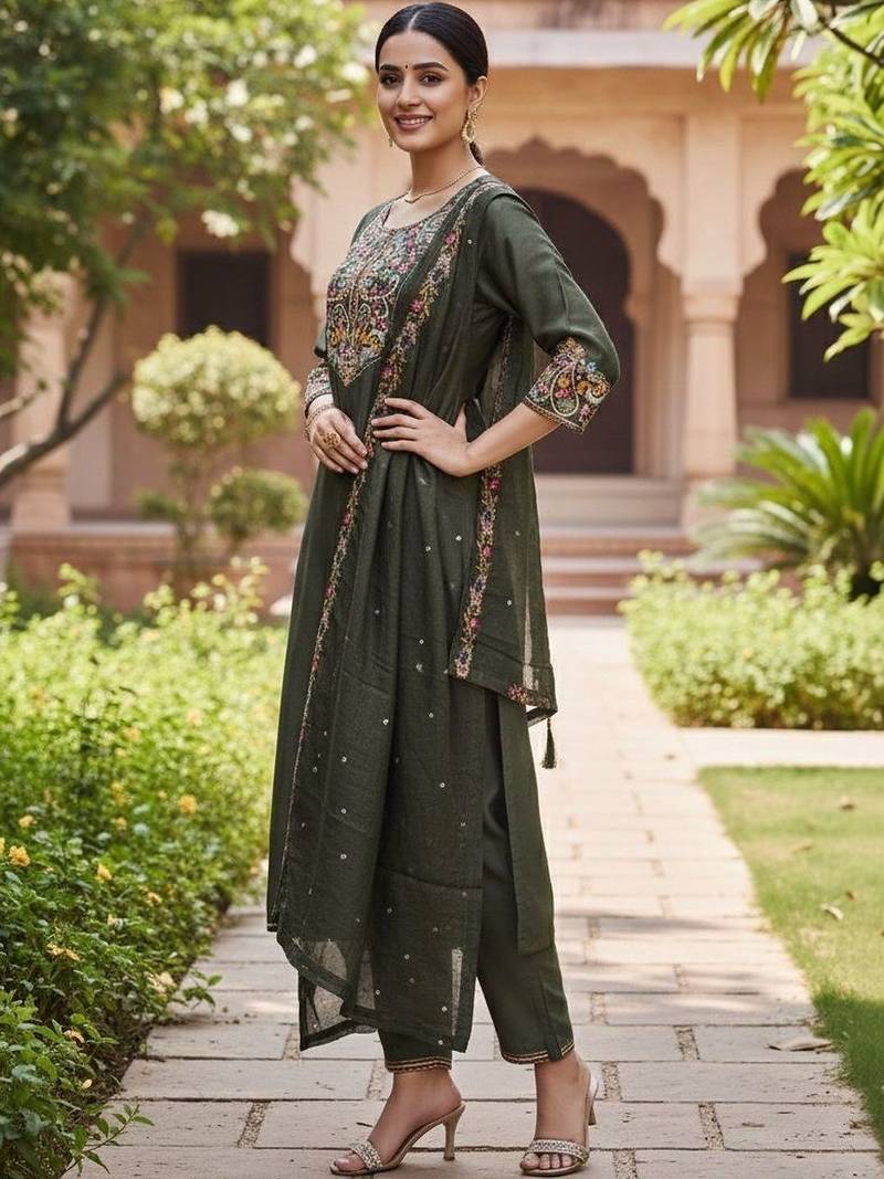 Women ethnic motifs embroidered regular thread work kurta with trousers & with dupatta