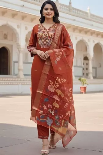Women ethnic motifs embroidered regular thread work kurta with trousers & with dupatta