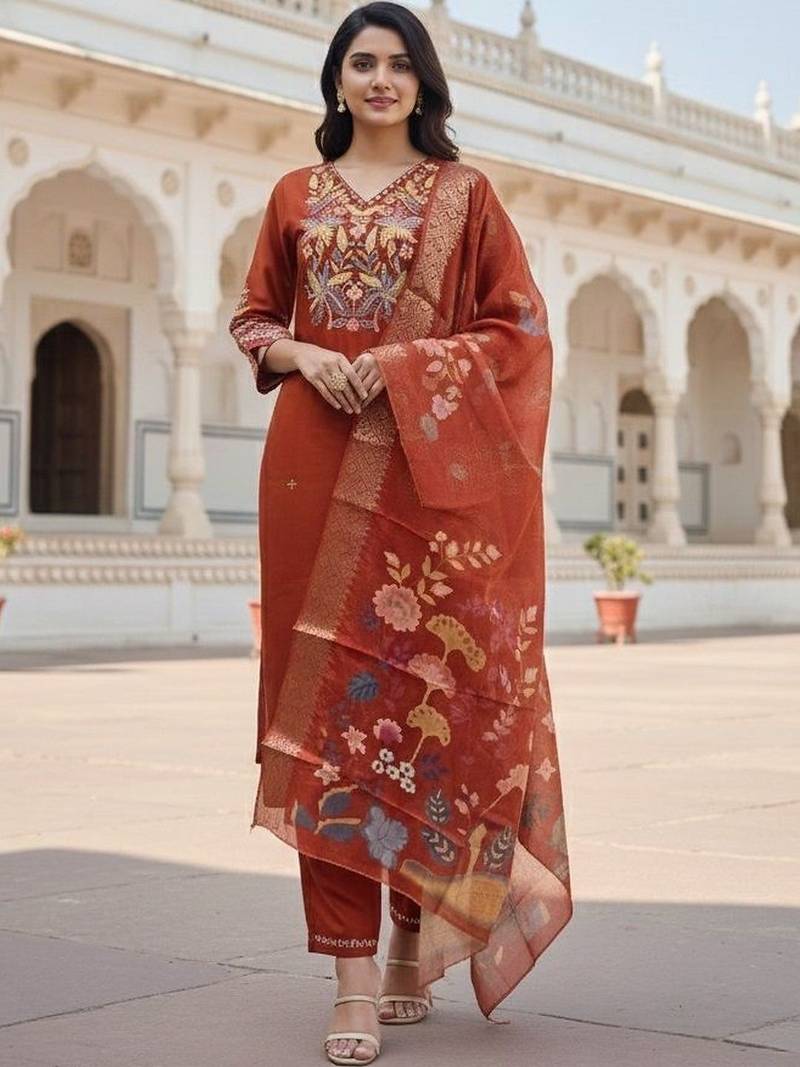 Women ethnic motifs embroidered regular thread work kurta with trousers & with dupatta