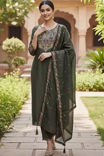 Women ethnic motifs embroidered regular thread work kurta with trousers & with dupatta