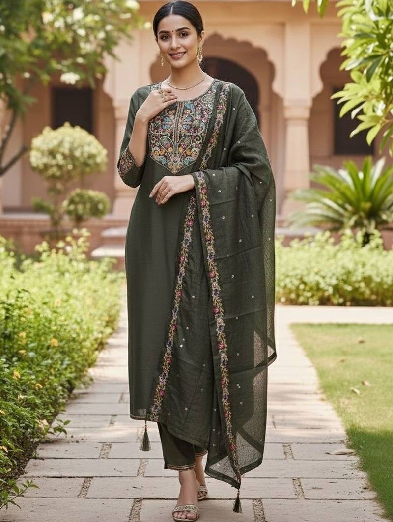 Women ethnic motifs embroidered regular thread work kurta with trousers & with dupatta
