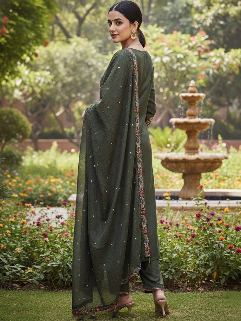 Women ethnic motifs embroidered regular thread work kurta with trousers & with dupatta