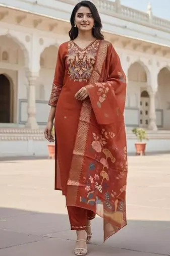 Women ethnic motifs embroidered regular thread work kurta with trousers & with dupatta