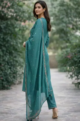 Women ethnic motifs regular thread work kurta with trousers & with dupatta