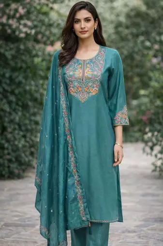Women ethnic motifs regular thread work kurta with trousers & with dupatta