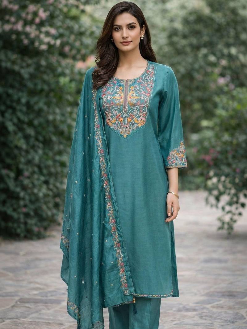 Women ethnic motifs regular thread work kurta with trousers & with dupatta