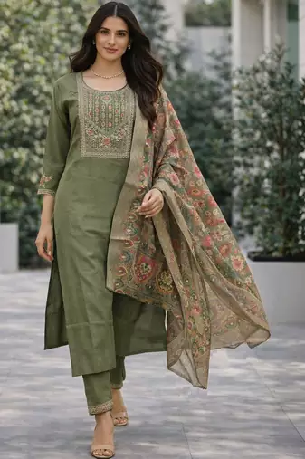 Women floral embroidered regular thread work kurta with trousers & with dupatta