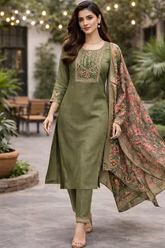 Women floral embroidered regular thread work kurta with trousers & with dupatta