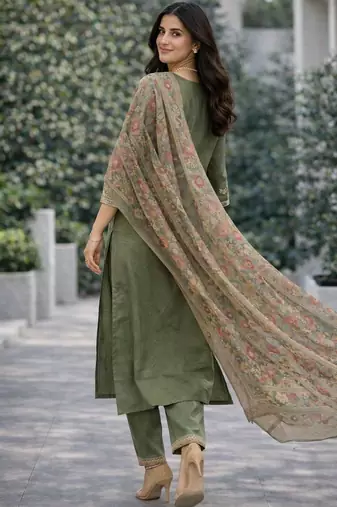 Women floral embroidered regular thread work kurta with trousers & with dupatta