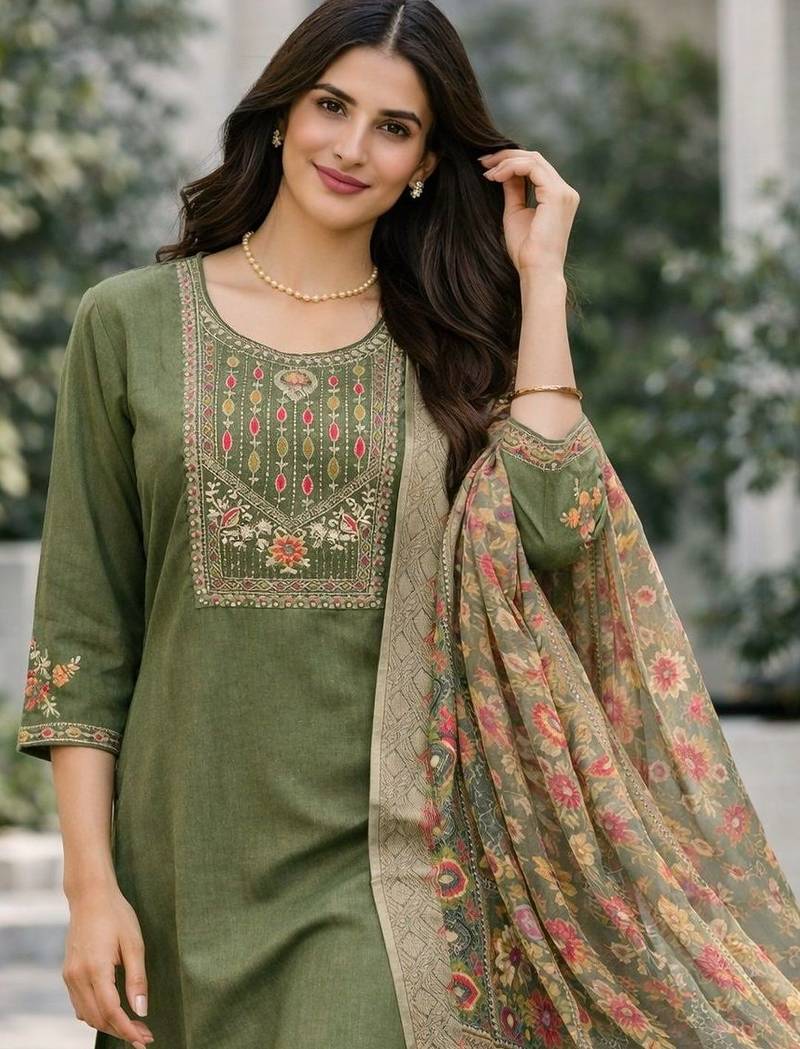 Women floral embroidered regular thread work kurta with trousers & with dupatta