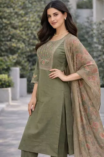 Women floral embroidered regular thread work kurta with trousers & with dupatta
