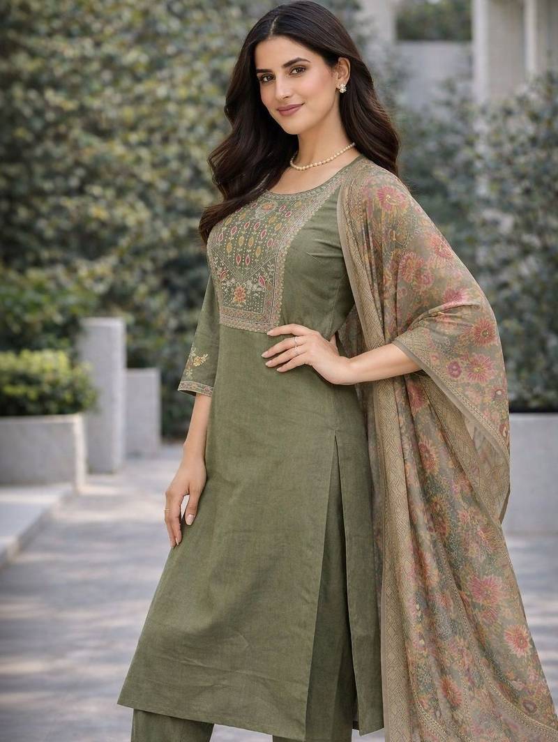 Women floral embroidered regular thread work kurta with trousers & with dupatta