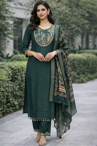Women ethnic motifs embroidered regular thread work kurta with trousers & with dupatta