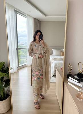 Beige Embroidery And sequin Work Silk Blend Salwar Suit 1