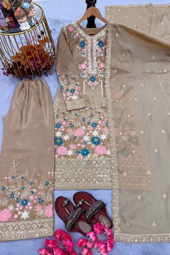 Beige Embroidery And sequin Work Silk Blend Salwar Suit