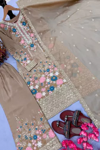 Beige Embroidery And sequin Work Silk Blend Salwar Suit