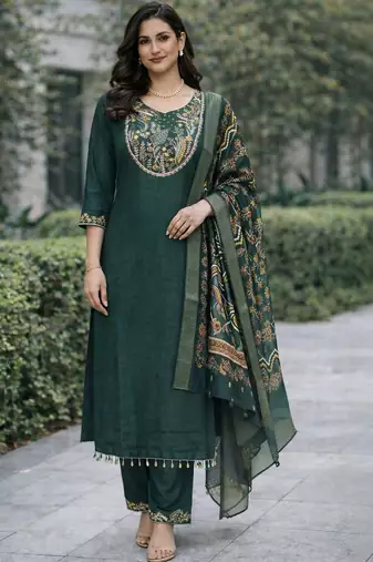 Women ethnic motifs embroidered regular thread work kurta with trousers & with dupatta