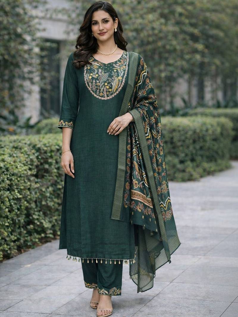 Women ethnic motifs embroidered regular thread work kurta with trousers & with dupatta