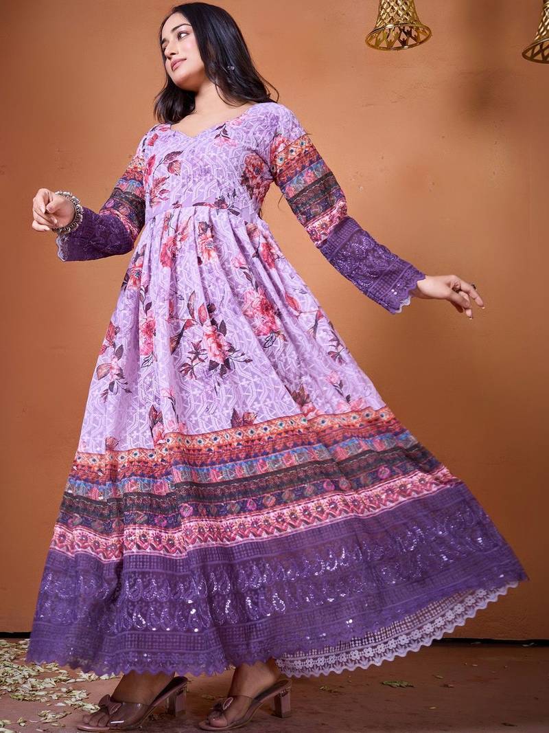 Floral printed v-neck empire anarkali kurti