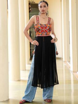 Ethnic motifs embellished square neck thread work thread work empire kurti 1
