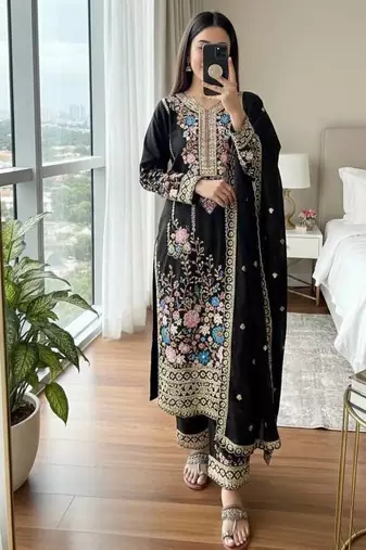 Black Embroidery And sequin Work Silk Blend Salwar Suit
