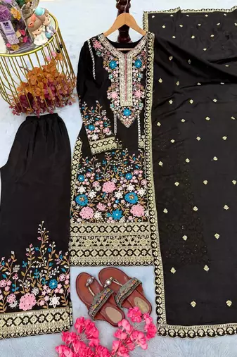 Black Embroidery And sequin Work Silk Blend Salwar Suit