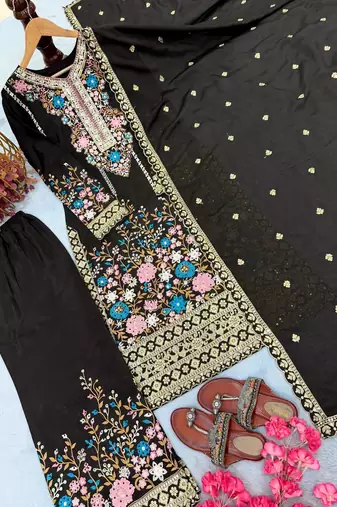 Black Embroidery And sequin Work Silk Blend Salwar Suit