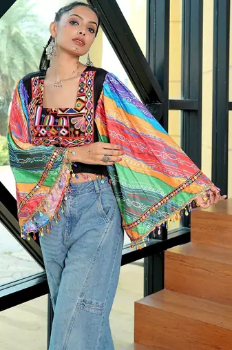 Geometric embroidered square neck thread work pure cotton thread work pleated kurti