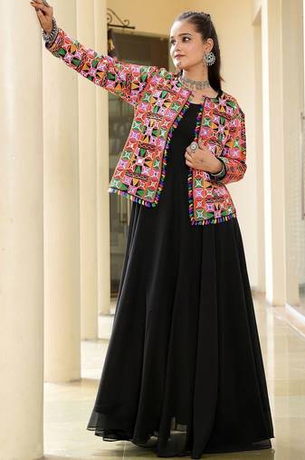 Geometric embellished thread work thread work pleated anarkali kurti