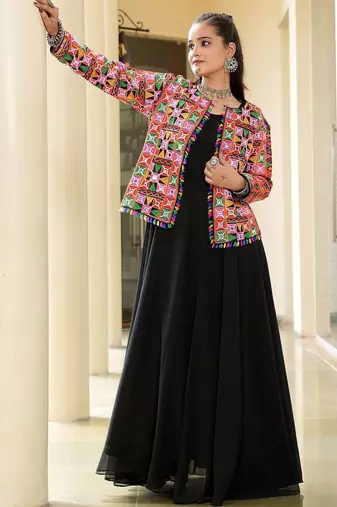 Geometric embellished thread work thread work pleated anarkali kurti
