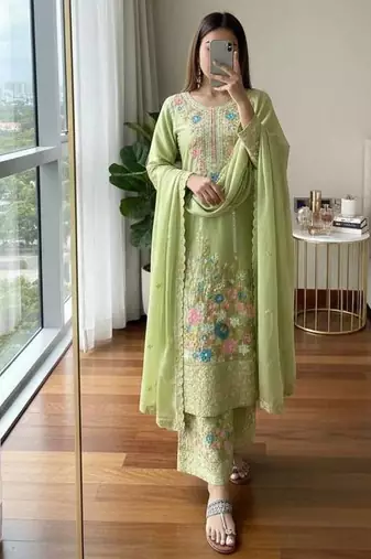 Light Green Embroidery And sequin Work Silk Blend Salwar Suit